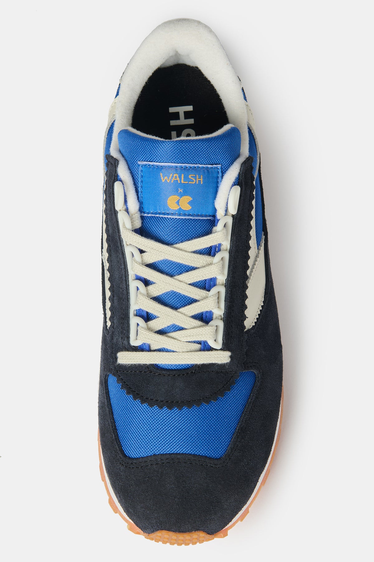 
            Top of women&#39;s Parlick style Trainer in blue/ navy/ off white with gold WALSH x CC on tongue of shoe