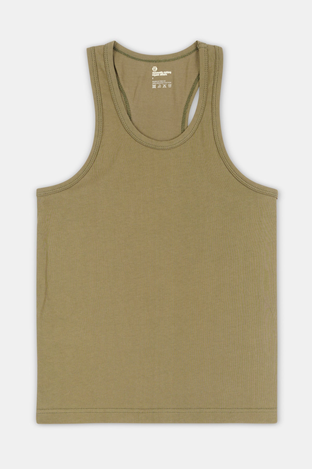 
            Flatlay of women&#39;s plastic free racer back vest in olive