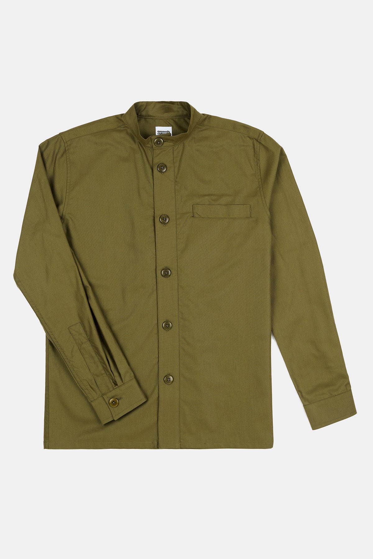 
            Flatlay product shot of men&#39;s George lightweight collarless overshirt in olive