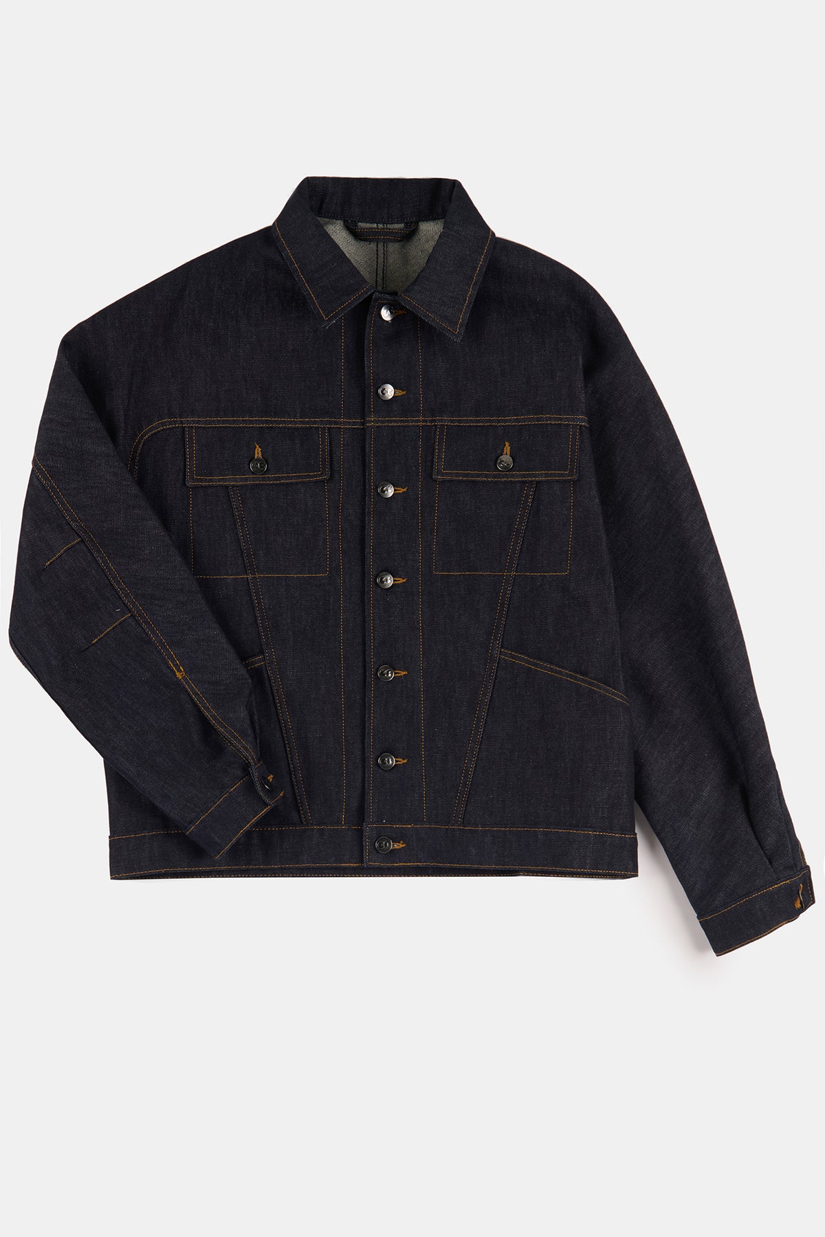 
            Flatlay product shot of men&#39;s Joe denim jacket in indigo denim 