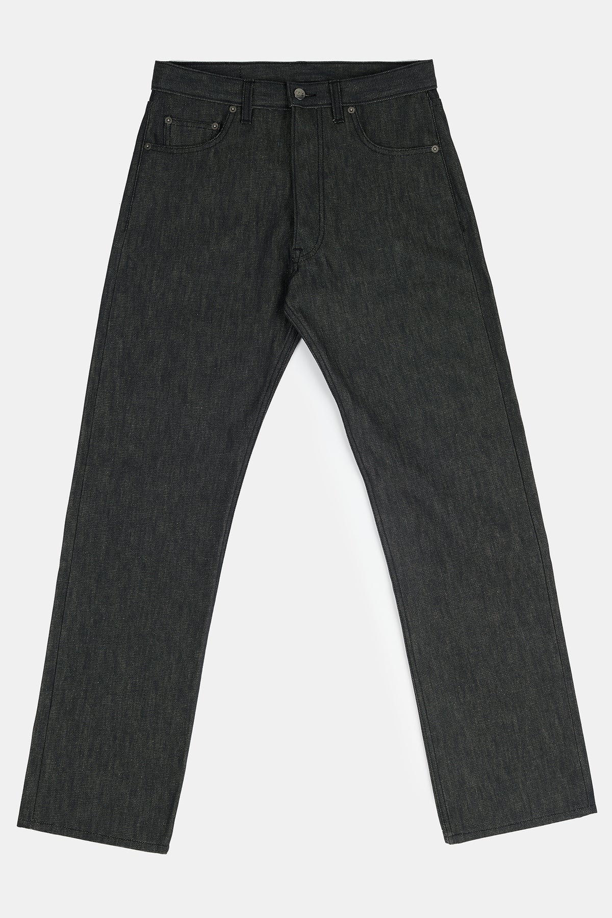 
            Flatlay product image of men&#39;s loose fit button fly Arun jeans in black